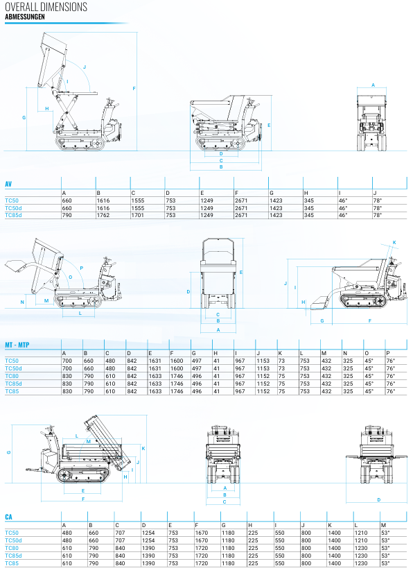 Messersi TC50 tracked dumper lifting and dimensions diagram