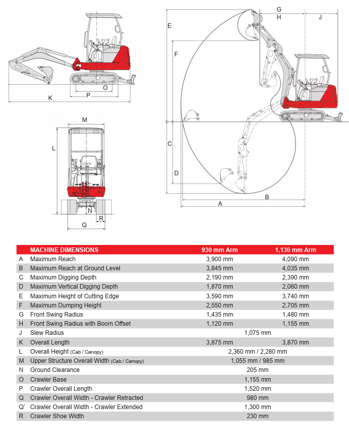 Takeuchi TB216 compact excavator working range and dimensions diagram