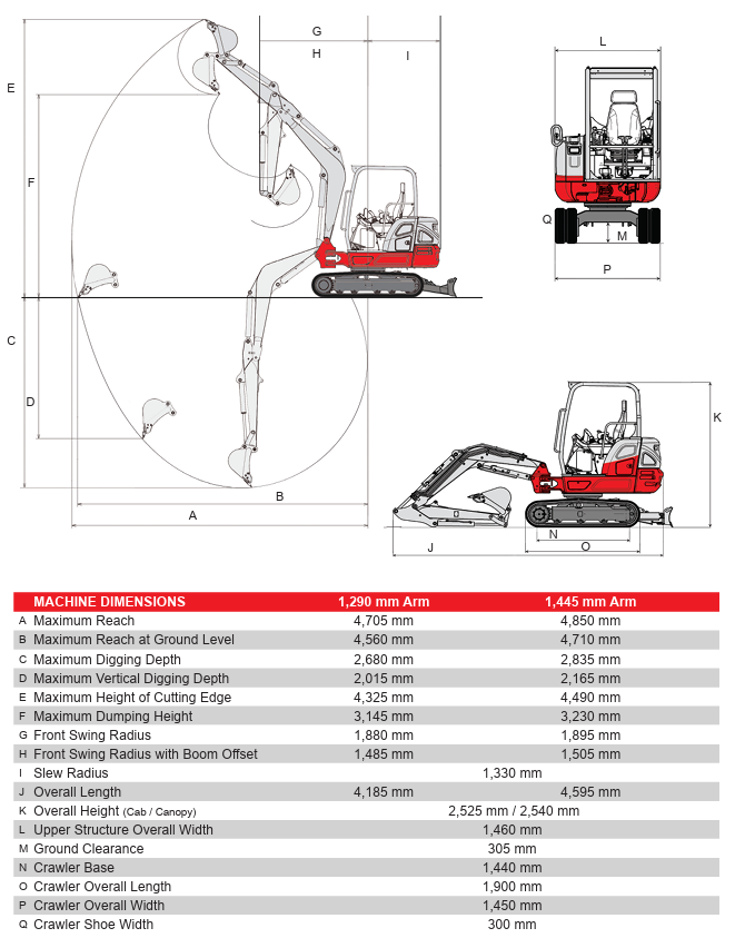 Takeuchi TB230 compact excavator working range and dimensions diagram