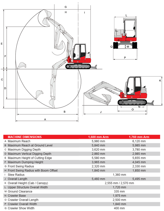 Takeuchi TB250-2 compact excavator working range and dimensions diagram