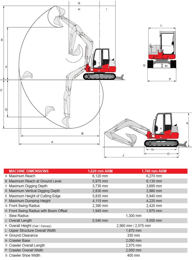 Takeuchi TB260 compact excavator working range and dimensions diagram