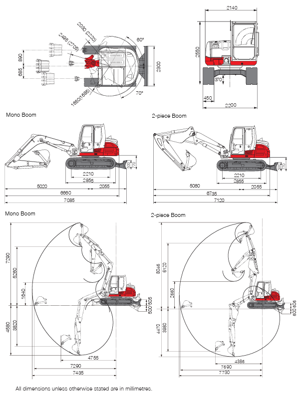 Takeuchi TB290-2 hydraulic excavator working range and dimensions diagram