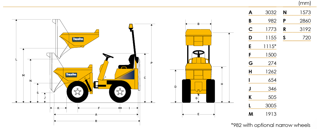 Thwaites 1 tonne hi-tip dumper lifting and dimensions diagram