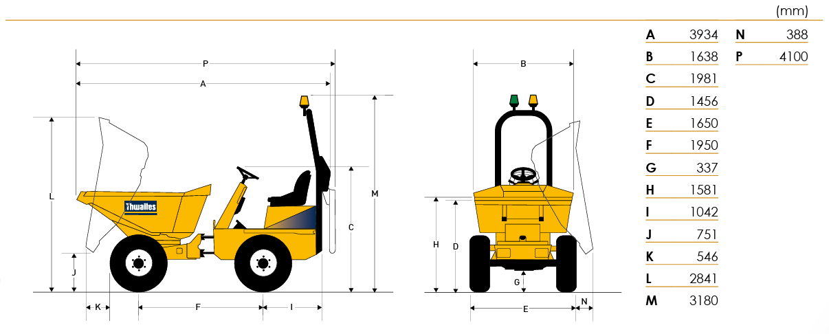 Thwaites 3 tonne power-swivel dumper lifting and dimensions diagram
