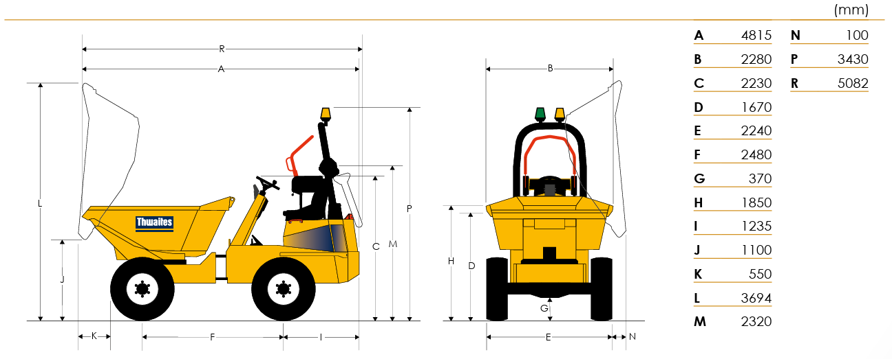 Thwaites 6 tonne power-swivel dumper lifting and dimensions diagram