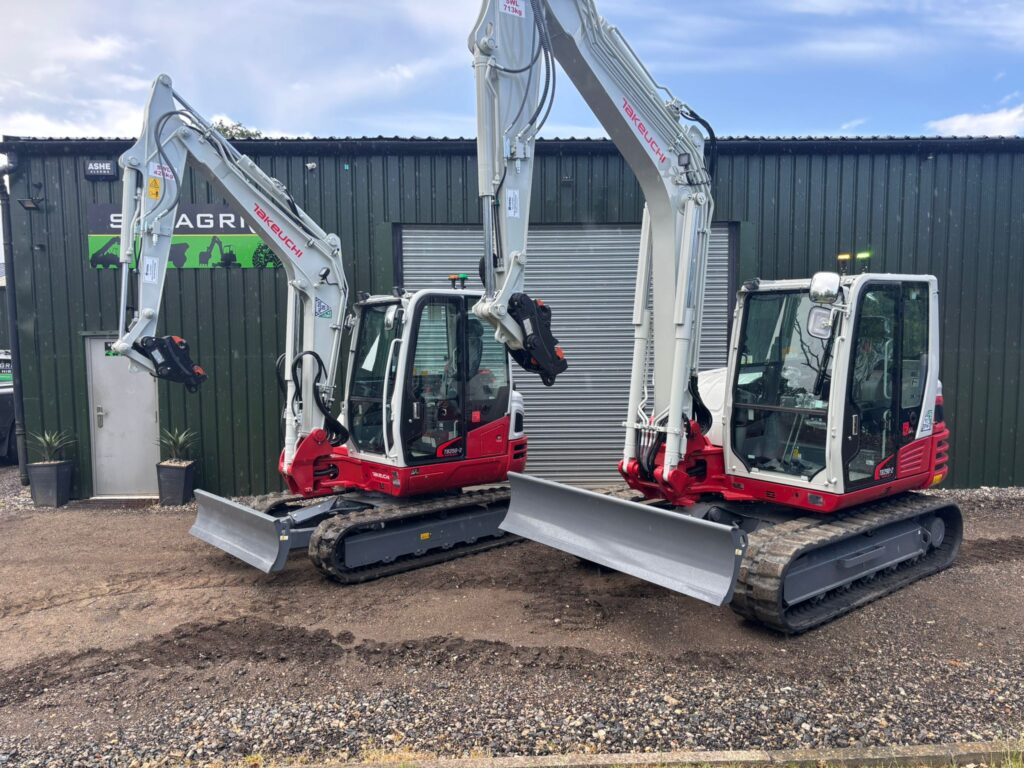 Two Takeuchi compact excavators ready for construction plant hire