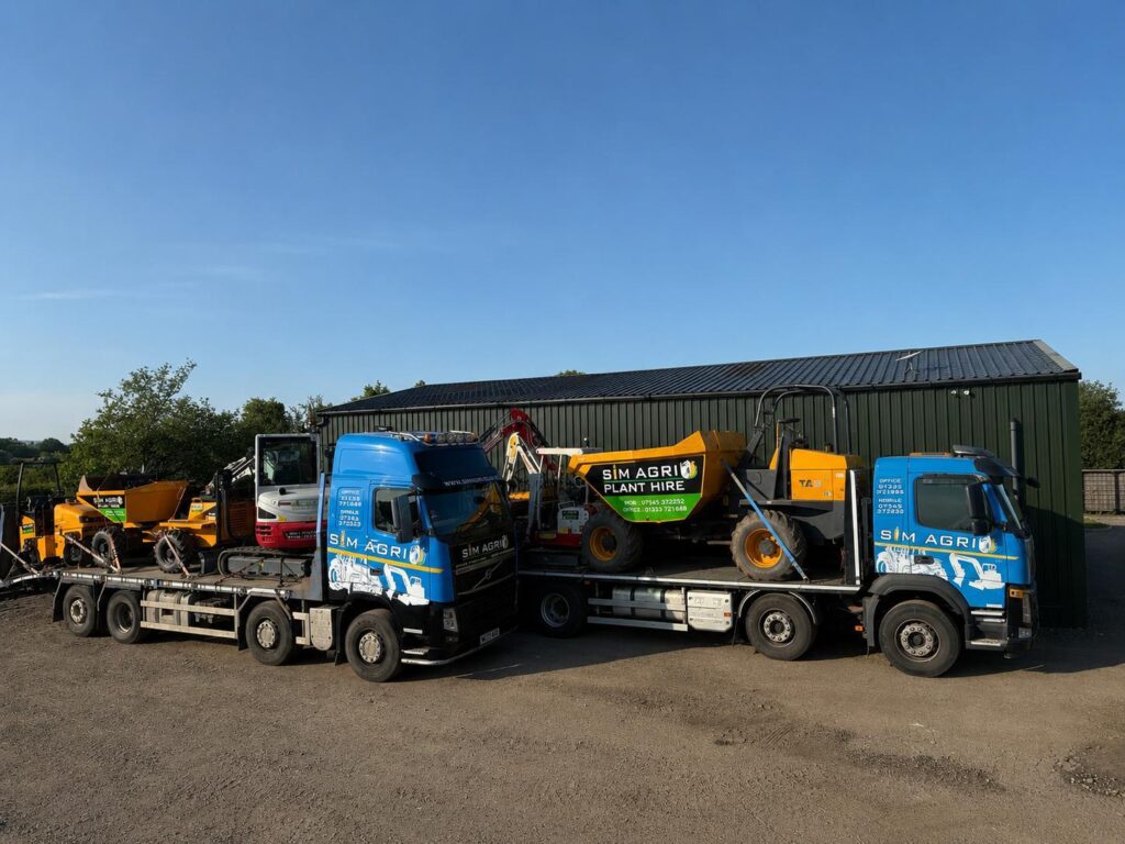 Sims plant transport fleet with low-loaders and machinery for the excavator hire across the UK