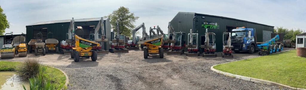 Panoramic view of the Sims plant hire fleet at the depot for the groundworks machinery available in the UK