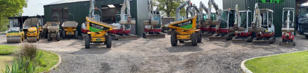 Wide view of plant machinery lined up at the Sims depot for the UK construction plant hire equipment fleet