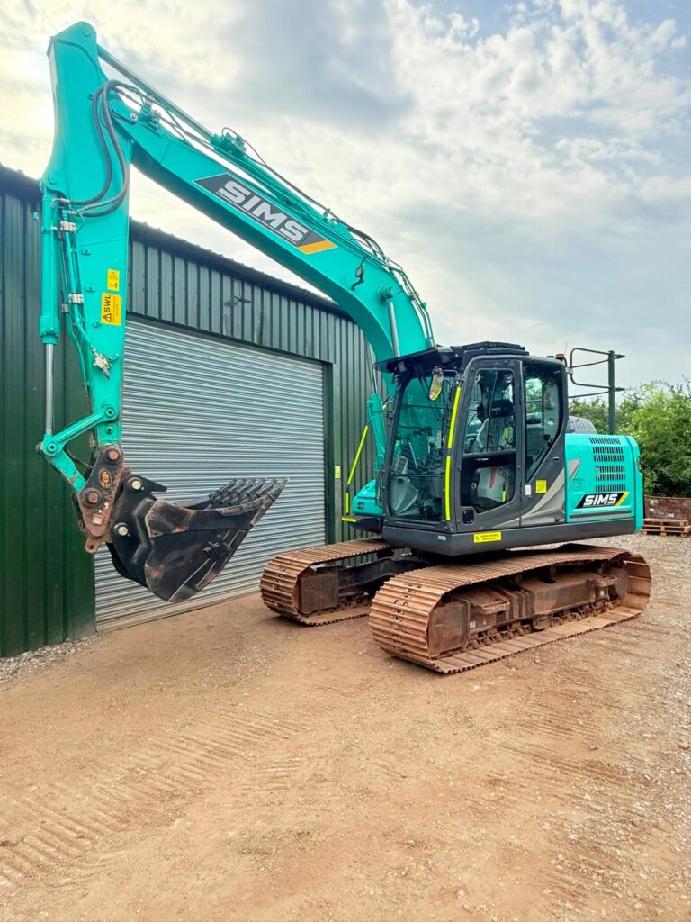 Kobelco tracked excavator parked at the Sims depot for the plant hire projects across the UK
