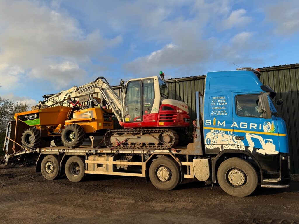 Sims lorry carrying excavators and a dumper for plant hire in Portsmouth
