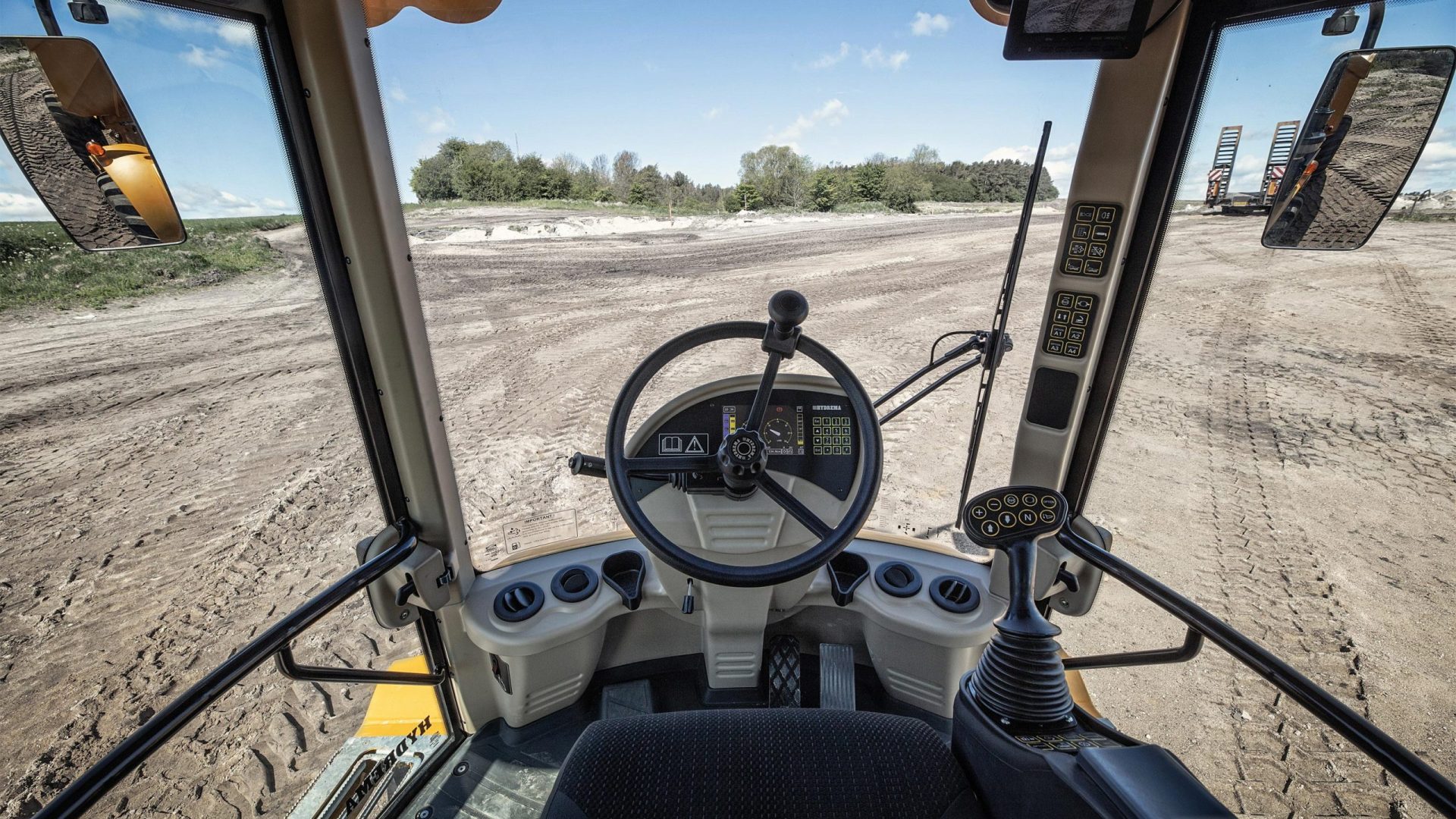 Operator's view inside a Hydrema 912GS dumper cab